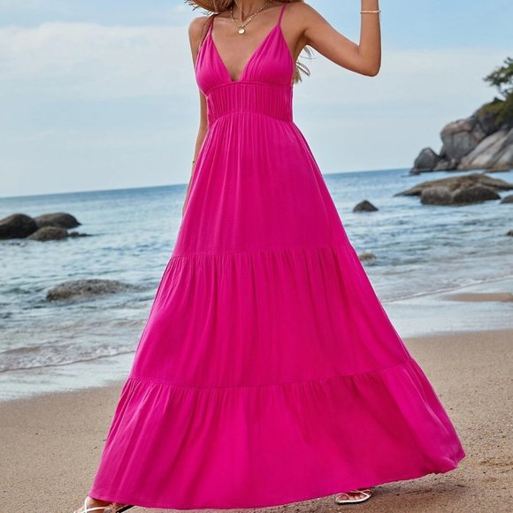 . Dresses & Skirts - Pink Boho Womens Ruffle Hem Maxi Cami Dress